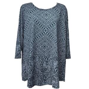 LUCKY BRAND Navy Blue White Paisley 3/4 Sleeve Tunic Top Shirt Plus Size 1X